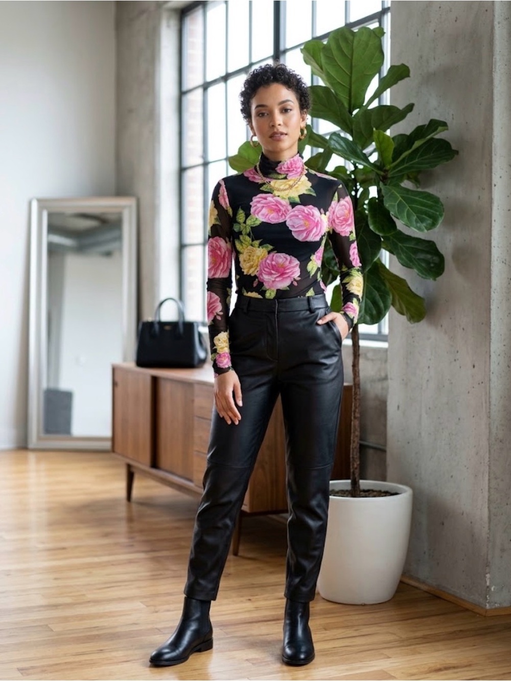 AFRM x Revolve Zadie Noir Bouquet Floral Mesh Turtleneck Large.